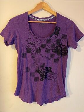 Vans Off The Wall Y2K Purple Checkerboard Rose Rhinestone Graphic Tee (Est. M)